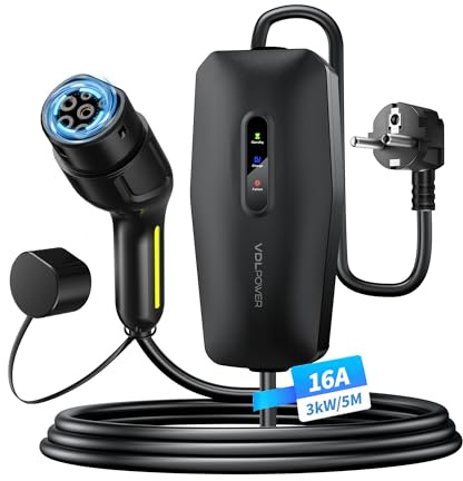 Cavo Ricarica Auto Elettrica Tipo 2 Schuko 3,68kW 16A Colonnina Ricarica Auto Elettrica Wallbox Portatile IP65 IEC 62196-2 Compatibile Model 3/Y Zoe Spring EV/PHEV (5m Pro Max)