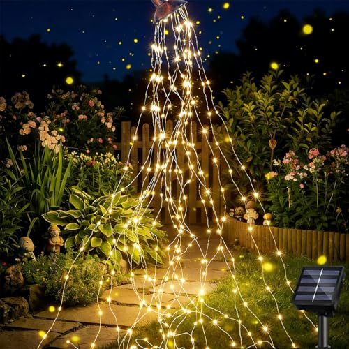 Solar Lichterkette Aussen 2M 100 LED Lichterschweif,8 Modi Wasserfall Solar Lichterkette,Wasserdichte LED Lichterstrang,Kleine Solar LED Lichterkette Outdoor,Wasserdichte Gartendeko für Draußen