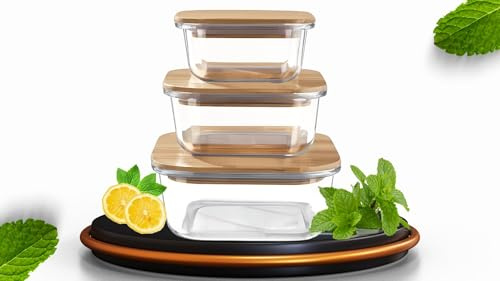 PZASupply Meal Prep Glas Lebensmittel Frischhaltedosen 3er Set - Umweltfreundliche Aufschnittbox Glas Behälter mit Bambusdeckeln, Ineinander Stapelbar, Luftdicht, Freezer & Spülmaschinenfest