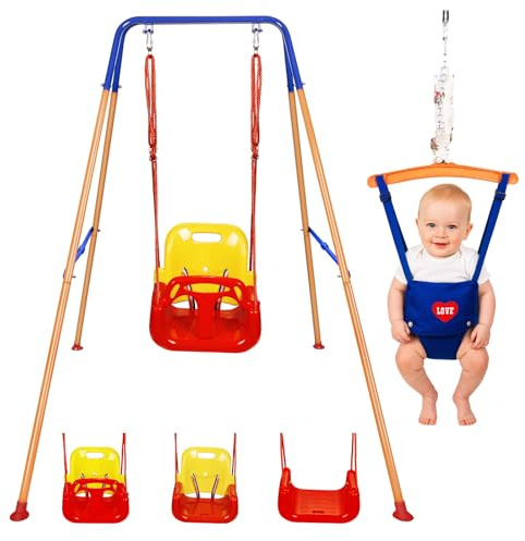 hotsizz Balançoire Bebe 2 en 1, Comprenant Une balançoire Classique et Un portique de Saut,153 × 151 × 120 cm. Balancoire extérieur adaptée aux Enfants de 1 à 3 Ans,Équipé de Ceintures de sécurité
