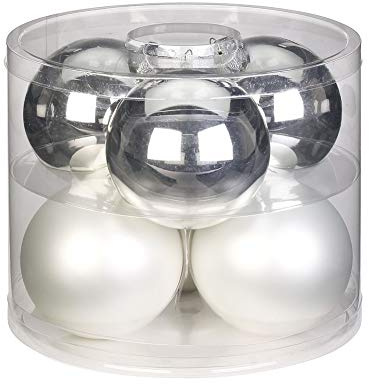 MAGIC Weihnachtskugeln Glas 10cm 6 STK. Christbaumkugeln Christbaumschmuck Farbe: Silber Glanz/weiß matt