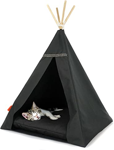 Katzenzelt mit Fleecedecke und Stabilisator – Zelt für einen kleinen Hund – wasserdichtes Glamour-Zelt für ein Haustier mit rutschfestem Boden – Hundebett waschen (55x55x82cm, Schwarzes Zelt, Schwarz)
