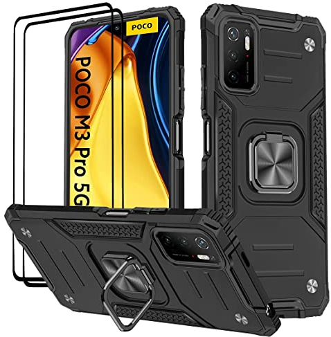 KANSi Hülle kompatibel für Xiaomi Poco M3 Pro 5G / Redmi Note 10 5G, Schutzfolie [2 Stück] + Silikon TPU Hart PC Handy Hüllen 360 Grad Drehbar Ringhalter Bumper Stoßdämpfung - Schwarz