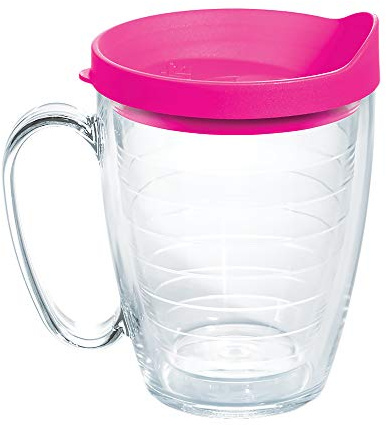Tervis Clear & Colorful 16oz Mug Made in USA Double Walled Insulated Tumbler, 16 oz, Neon Pink Lid