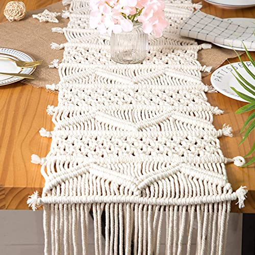 Lsimeru Hochzeit Tischläufer Makramee Boho Klein Beige Handgemade Geflochten Tischläufer Natur Landhausstil Tischband Läufer Tischdekoration mit Quasten 150x35cm