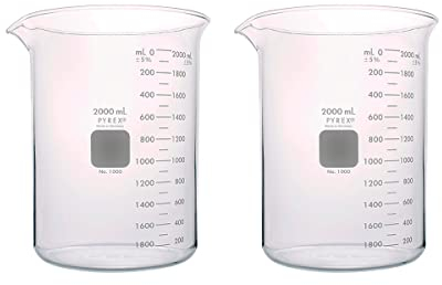 PYREX Griffin Borosilicate Glass Beaker - Low Form Graduated Measuring Beaker with Spout – Premium Scientific Glassware for Laboratories, Classrooms or Home Use - PYREX Chemistry Glassware, 2L, 2/Pk