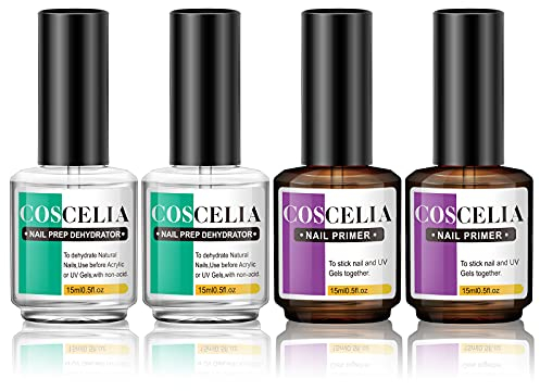 COSCELIA Primer Uñas Semipermanente 15ml x 4, Deshidratador y Primer para uñas Profesional Uñas de gel Primer uñas sin ácido y Deshidratador para uñas Adecuado