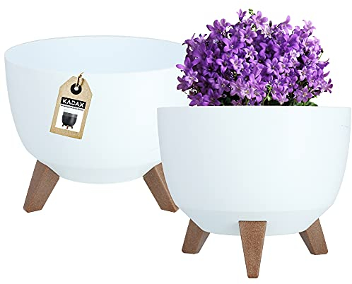 KADAX Maceta Decorativa de Plástico con Soporte Integrado, Macetero con Tres Patas de Imitación Madera para Interior y Exterior (Blanco, 29 cm)