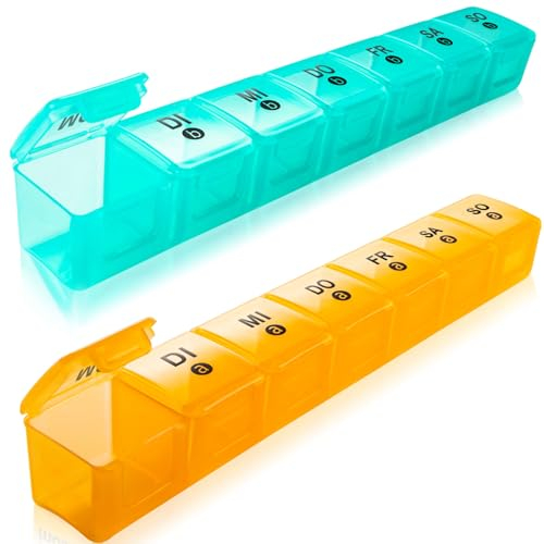 Tablettenbox 7 Tage Morgens Abends, Extra Großen Pillendose 7 Tage 2 Fächer Medikamentenbox 14 Tage Große Fächer Pillenbox Woche Tragbare Reise Tabletten Box Für Unterwegs Und Zuhause (blau-orange)