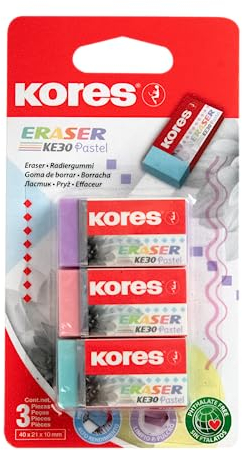 Kores-KE-30 Pastell: PVC Radiergummis mit Papierhülle für Kinder, Studenten und Erwachsene, ungiftig und kinderfreundlich, Schul- und Bürobedarf, 40x21x10 mm, 3 Stück in pastellfarben sortiert, 40315