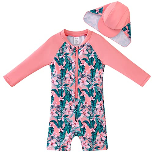 UMELOK Neugeborener Badeanzug mit Sonnenhut UV Schutz Badebekleidung Tropische Pflanze, rosa 0-3 Monate/55-62cm