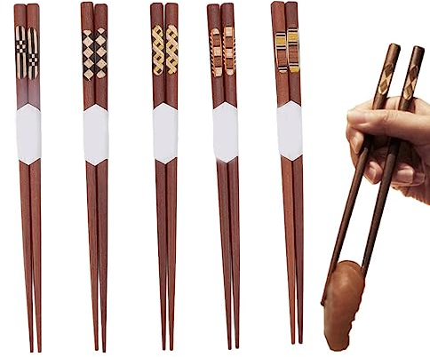 Juego de palillos de madera de 5 pares, palillos chinos reutilizables acanalados de sándalo rojo para cocinar palillos chinos para cocinar y comer