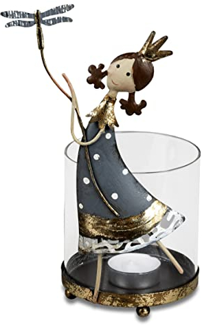 Windlicht Prinzessin Kleid grau mit Krone und Libelle | Metall Figur Deko | 23x15 cm