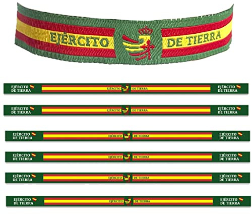 ADCSHOP - Pack de 6 Pulseras de Ejercito de Tierra de España. De tela y hilo tricotado. miden 30 x 1,4 cms. anudables y ajustables. Unisex – Con sellado especial – Resistentes y duraderas
