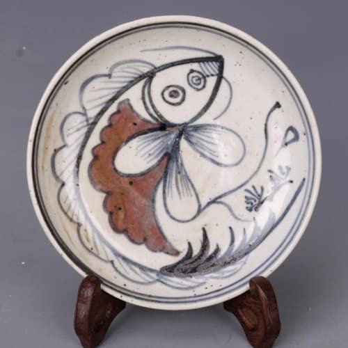 Assiette à motif carpe rouge émaillé bleu et blanc 13 cm