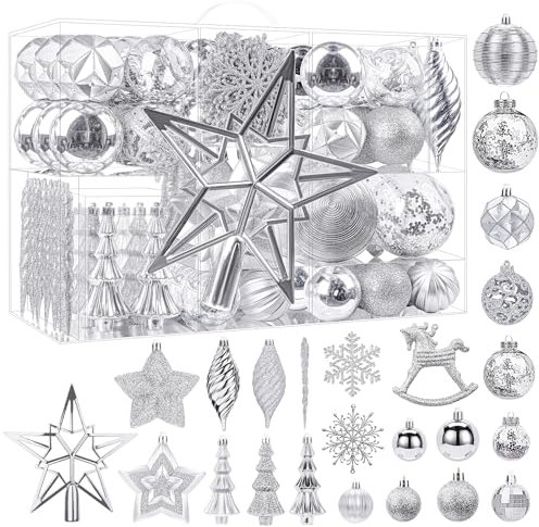 100 Stück Weihnachtskugeln Kunststoff Set, Bruchsicher Christbaumkugeln mit Haken, Weihnachtsbaum Deko in verschiedenen Größen und Ausführungen, Weihnachtsdeko Aussen Innen, Silber
