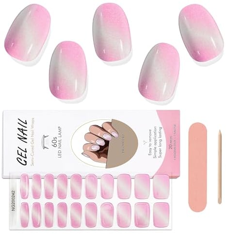 EBANKU 20PCS Gel Nail Stickers, Cat Eye Light Pink Gel Nail Strips Long Lasting Gel Strips for Nails UV Gel Nail Stickers with Nail File & Wooden Stick for Women Manicure