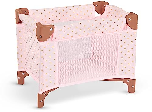 LullaBaby – Laufstall für 36 cm Baby Puppen – faltbares Spielzeug Laufgitter – Puppenbett rosa mit goldenen Sternen – Baby Puppenzubehör – Spielzeug für Kinder ab 2 Jahren – Rosa & goldene Sterne