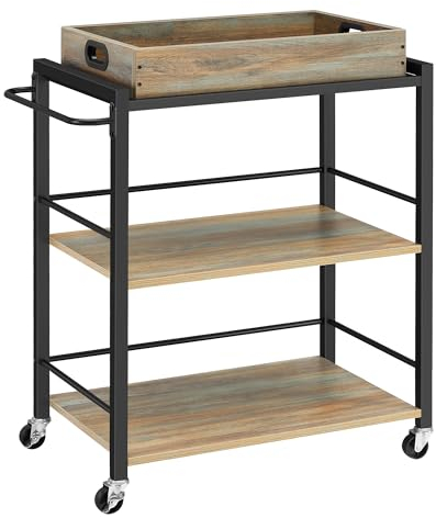 VASAGLE Servierwagen, Küchenwagen, abnehmbares Tablett, mit verstellbaren Füßen und Rollen, Küchenregal, Stahlrahmen, 40 x 72 x 86 cm, Industrie-Design, türkisbraun-tintenschwarz LRC072K60