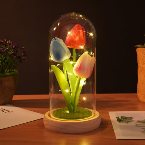 8.3inch Tulip Flower Gifts for Women Led Tulip Flowers in Glass Dome Forever Glass Tulip Gifts for Mom Grandma Wife Friends for Valentines Day Anniversary Christmas Birthday Mixed Color Flower