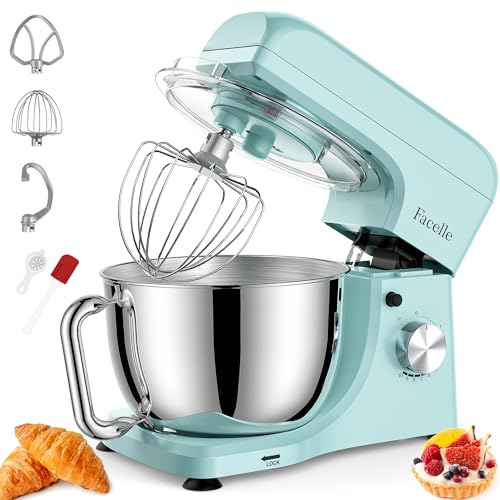 Facelle Batidora Amasadora, 10 Engranajes con Pulso Batidora Amasadora Reposteria, 1300W Amasadora de pan con Bol de Acero inoxidable de 5.5 L, Gancho amasor, Batidor plano y Varillas (Azul)