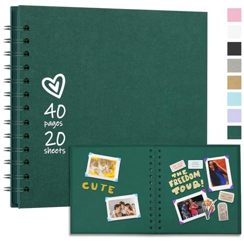 Vienrose 20,5 x 20,5 cm Fotoalbum zum Selbstgestalten und Einkleben mit 40 Seiten, Hardcover Kraftpapier Spiralalbum Scrapbook, DIY Sammelalbum für Hochzeit, Geburtstag, Jahrestag, Dunkelgrün