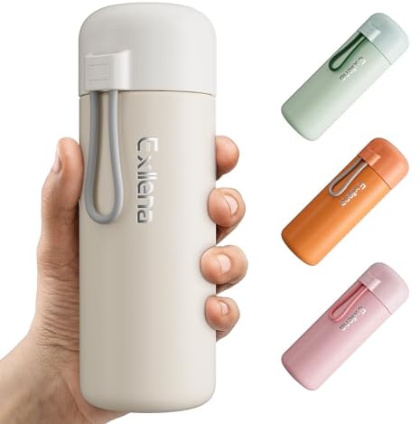 Exllena Gourde Isotherme 400ml, Petite Bouteille Isotherme en Acier Inoxydable pour Boissons Chaudes et Froides, Mini Flask Facile à Transporter - 100% étanche (Beige)
