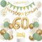 Sage Green Gold White 60th Birthday Banners, Balloons, Cake Topper, Sash, Bunting, Flags, Number, Helium Balloons for Men & Women's 60th Party Decor
