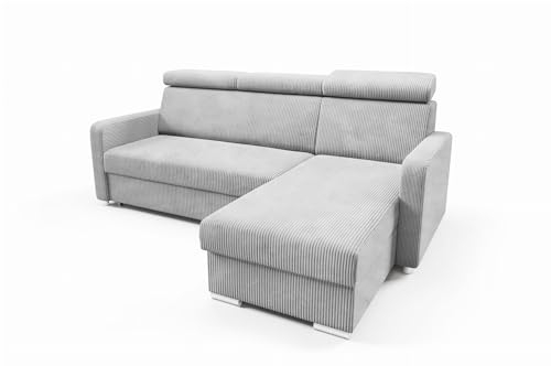 LIKMA Helles Aschgrau Ecksofa Mako mit Schlaffunktion und Bettkasten, 213 cm x 100 x 165 cm, Sofa L-Form, Schlafsofa, Verstellbare Kopfstützen, Wohnlandschaft, Schlafcouch Stoff: Anafi 01