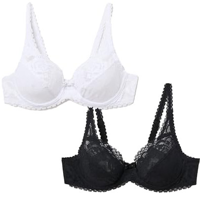 Playtex Bra New Flower Elegance Underwired Women x2, White/Black, 36DD