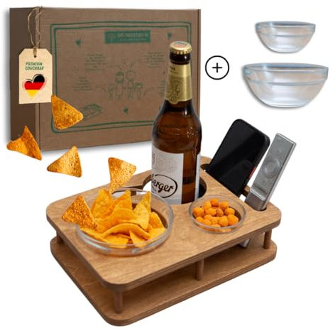 Couchbar Snackbar YOLO - PERSONALISIERBAR - Couch Bar mit 2 Snackschalen - Sofatablett für Snacks & Getränke [stabil & sicher] - Snackbar mit Getränkehalter (Braun, Nicht personalisiert)