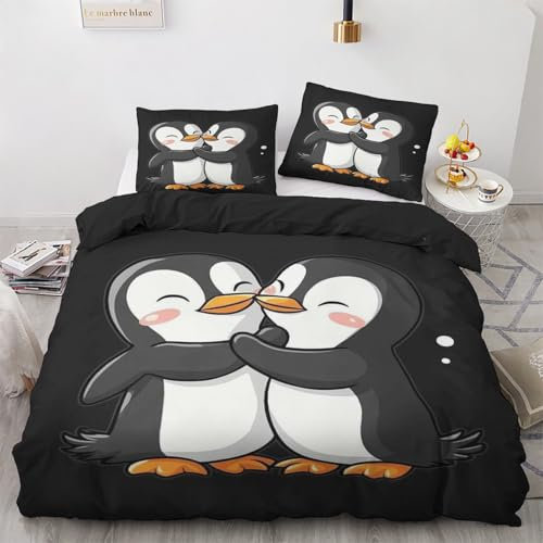 Pinguin Deko - Winter Bettwäsche 140x200 Pinguin, Kinder Süße Tiere Bettbezug 2er Set mit 1 Kissenbezug 70x90, Weiche Mikrofaser Winterbettwäsche mit Reißverschluss O#&117