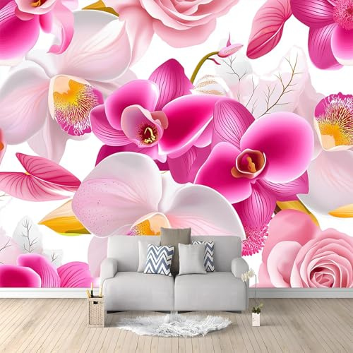 Papier Peint Mural 3D Orchidée Rose Pourpre 350x256 cm Papier Peint Panoramique Poster Tapisserie Photo, Papier Peint intissé pour Chambre Salon Personnalisé Murale Décoration