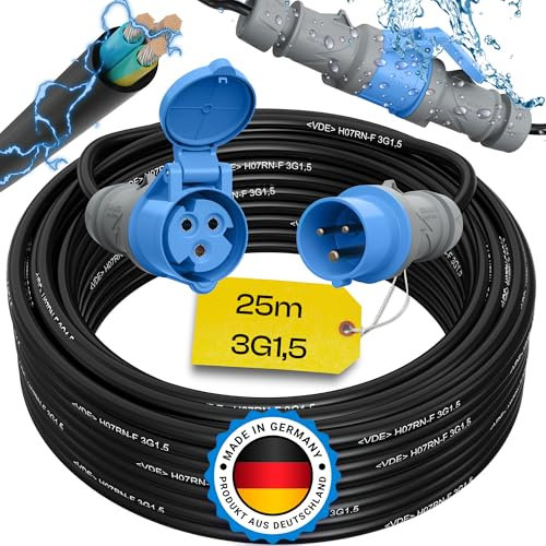 maxgo Camping Stromkabel 25m Wohnwagen Kabel Wohnmobil CEE Stecker Verlängerungskabel 3 Polig 3x1,5 Campingkabel 25 Meter Strom Verlängerung H07RN-F Camper Outdoor Mennekes