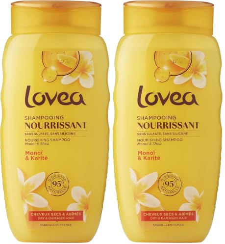 LOVEA - Shampooing - Monoï & Karité - Nettoie, Nourrit & Répare - Cheveux Secs Et Abimés - 95% D'Origine Naturelle - Sans Silicone - Sans Sulfate - Fabriqué En France - 250 ml (Lot de 2)