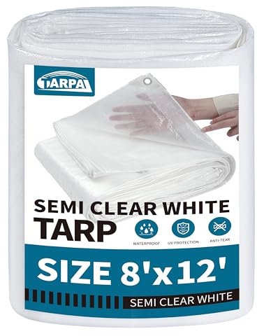 TARPAL Lona blanca semitransparente impermeable de 8 x 12 pies con ojales, lona de polietileno transparente de 7.5 mil para jardinería, granja, jardín, gallineros, exteriores