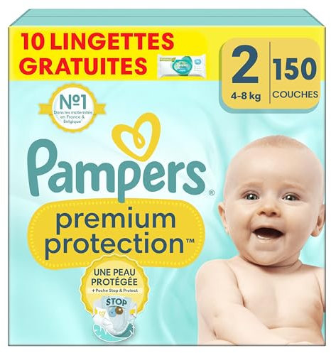 Pampers Premium Protection Größe 2, Windeln, 4kg-8kg, Doppelter Schutz für die Haut und vor Auslaufen +10 Stück Pampers Aqua Baby-Feuchttücher enthalten