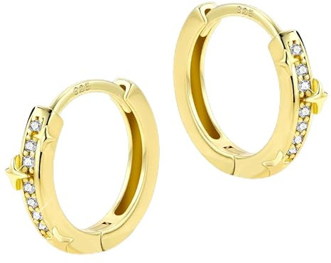 ALEXCRAFT Silber 925 Ohrringe Gold Kleine Creolen, 14K Vergoldet Ohrringe mit Stein Zirkonia Creolen Klein Knorpel Huggie Kreolen Golden Glitzer Creolen mit Stern Ohrringe Gold Creolen Damen Mädchen