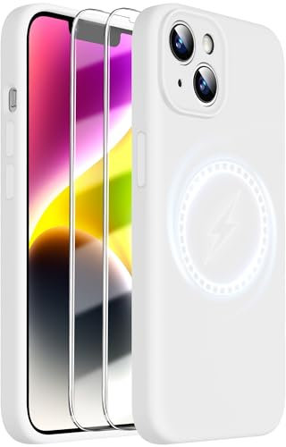 Dssairo Magnetische für iPhone 14 Hülle, mit 2 x Displayschutzfolien, Verbessertes Flüssigsilikon, Verbesserter Kameraschutz, Militärische Qualität, Sturzsicher, Dünn 6,1 Zoll (Weiss)