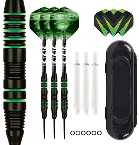 ZLFCypheria 3 stück Dartpfeile mit Metallspitze, Profi Steeldarts mit Metallspitze Steeldarts Set, mit 3 Flights 3 Aluminium Schaft 12 Anti-Lose Gummiringe, 1 Dart Case (Grün)
