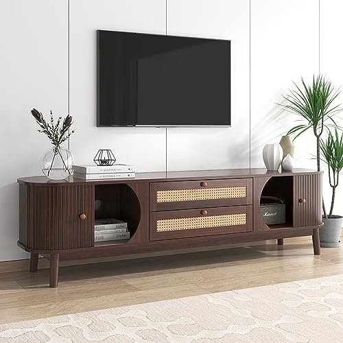 Physport TV Cabinet - Natural Walnut Color Mixed TV Panel with Doors and Drawers. TV cabinet with rattan drawers, storage solution, natural country house style
