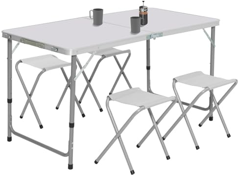 IDMarket - Klappbarer Camping-Beistelltisch 120 cm höhenverstellbar und 4 weiße Hocker