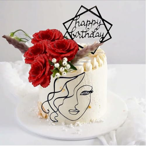 Art Lady Face Cake Topper with Flowers Birthday Cake Decorations Women Red Acrylic Cakes Toppers for Women