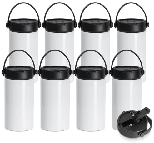 PYD Life 8 Pack Sublimation Water Bottle Blanks Bulk 20 OZ 600 ML Sports Wide Mouth Vacuum Insulated Straight Tumblers with Flip Straw and Portalbe Handle