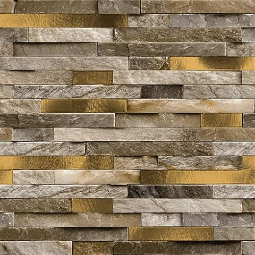WPE® Natural Stone Split Face Tile Effect Vinyl Wallpaper – Metallic Gold 3D Textured Wall Covering – Realistic Stone Look for Living Room, Kitchen, Bathroom, Feature Walls, Home Decor 62550