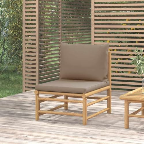 HaoChrymec Garten-Mittelsofa mit Bambus, Taupe Kissen, Modulares Design, Bequemes Sitzen, Lounge Sofa Outdoor, Gartensofa, Sitzgruppe Outdoor, Für Garten und Terrasse, 55 x 69 x 65 cm