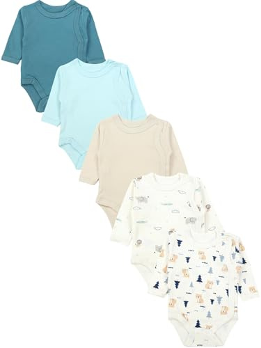 TupTam Baby Body Langarm – Wickelbody Langarm für Jungen & Mädchen, 5er Pack, 100% Baumwolle, OEKO-TEX, Farbe: Blau_Beige_Animal_Bears, Größe: 74