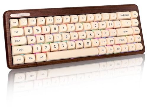 OUSEITECH Mechanische Retro-Tastatur aus Holz mit 68 Tasten, Tri-Mode-Konnektivität mit Kippschalter, Basis aus natürlichem Walnussholz, dynamische RGB-Lichteffekte, 4000-mAh-Akku, Windows/Mac/iOS