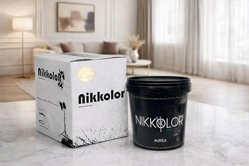 Nikkolor Aurea - Pittura Antimuffa Effetto Sabbiato - 1 L - Golden Sand | Si applica su pareti già tinteggiate senza primer, pronta all'uso con resa di 10-12 m²
