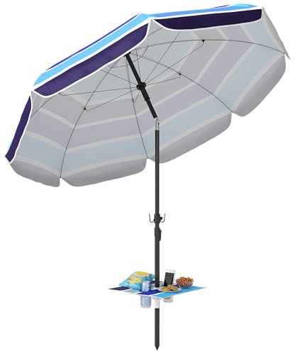 Outsunny Ombrellone da Spiaggia Ø198 cm con Tettuccio Reclinabile 30°, Ombrellone da Mare con Tavolino Pieghevole, Porta Bicchierie, Borsa da Trasporto, per Esterno, Patio, Spiaggia, Multicolore